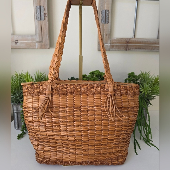 Monsac Original Y2K Era Woven Leather Tote/Braided Handle/Boho Chic/Tan Leather - Picture 15 of 16